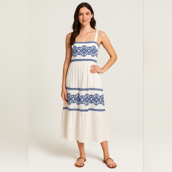 Women's White Maxi 100% Cotton Embroidered Summer Lined Dress XL Santorini Vibes - Picture 4 of 14